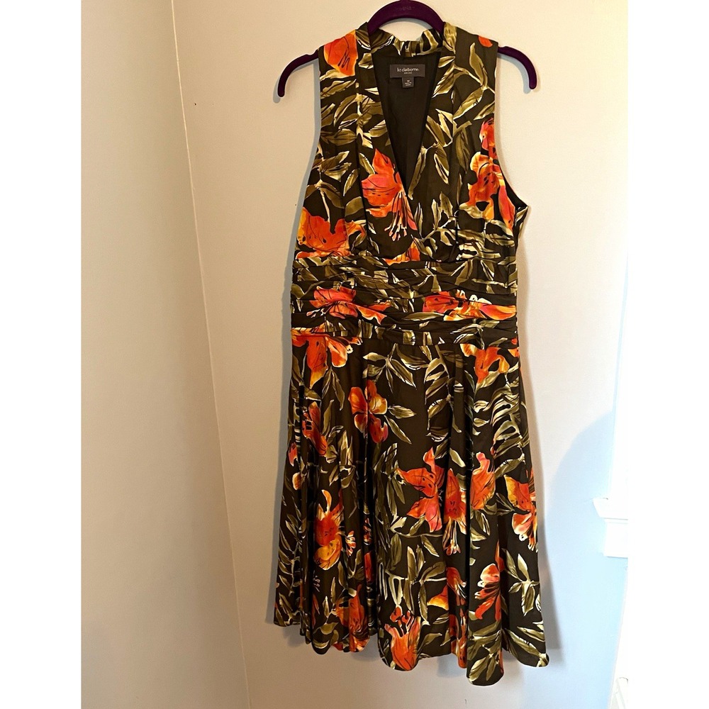 Liz Claiborne Women's Dress Size 14 Black Orange Green Floral V-Neck Fit & Flare